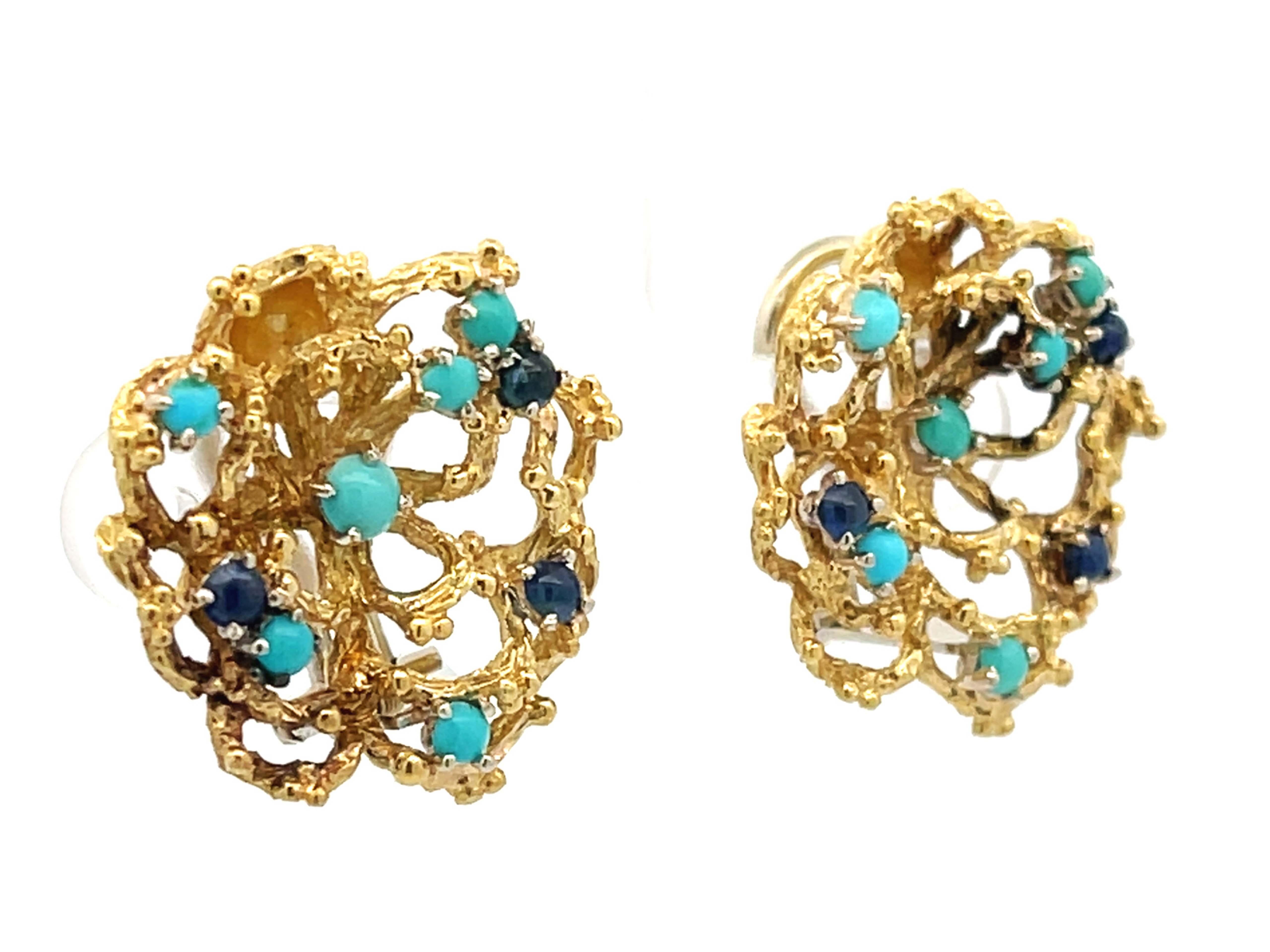 Modern Wavy Flower Earrings with Cabochon Sapphires and Turquoises in 18k Yellow Gold For Sale