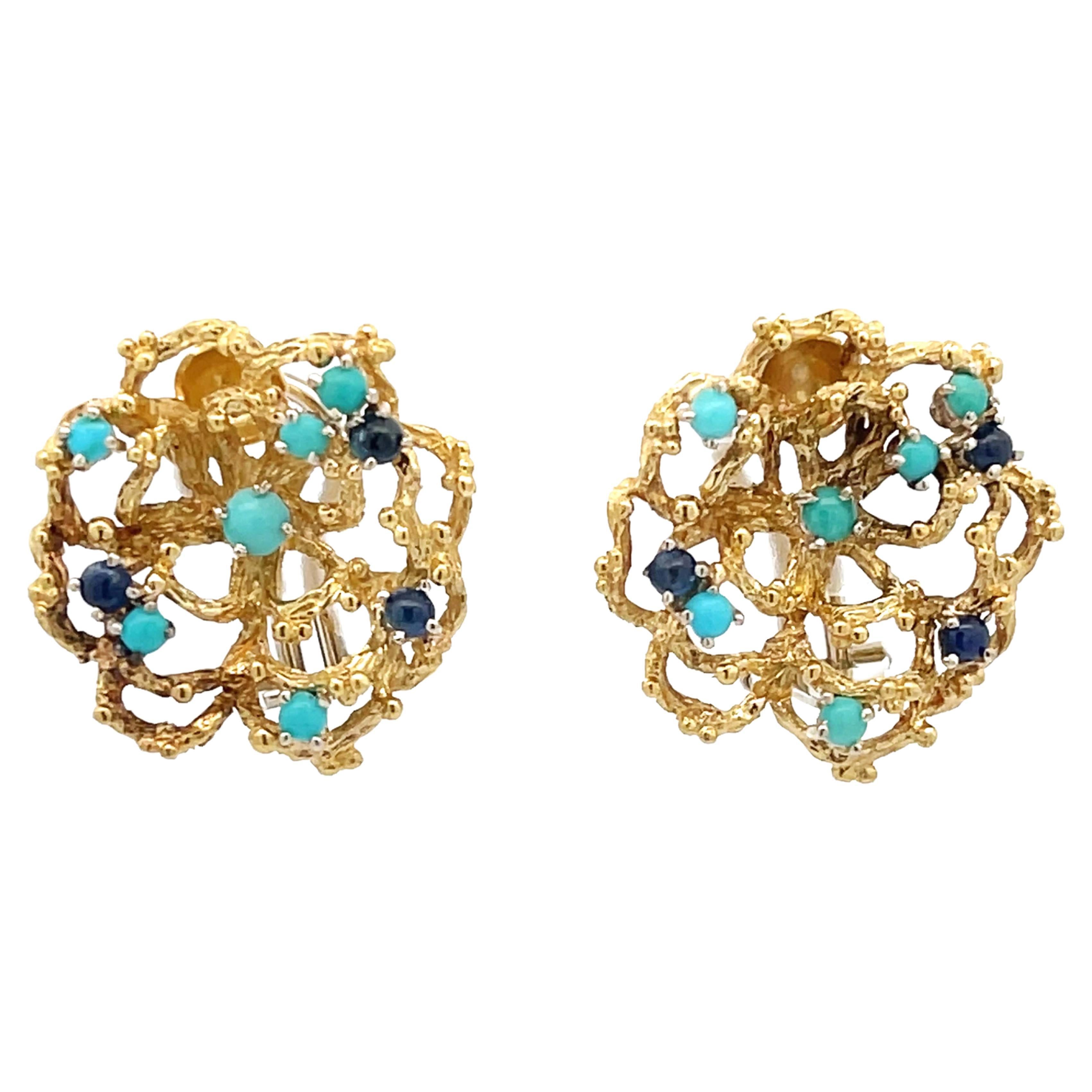 Wavy Flower Earrings with Cabochon Sapphires and Turquoises in 18k Yellow Gold For Sale