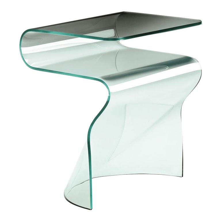 Wavy Glass Side Table Casted in One Slab of Curved Clear Glass For Sale