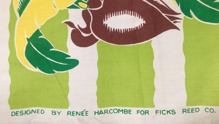 This beautiful vintage mid century fabric is a 100% cotton barkcloth. Barkcloth is a textured printed woven fabric. The banana leaf and flower design with striking bright green, wavy stripes is a handprint design by Renee Harcombe for Ficks Reed Co