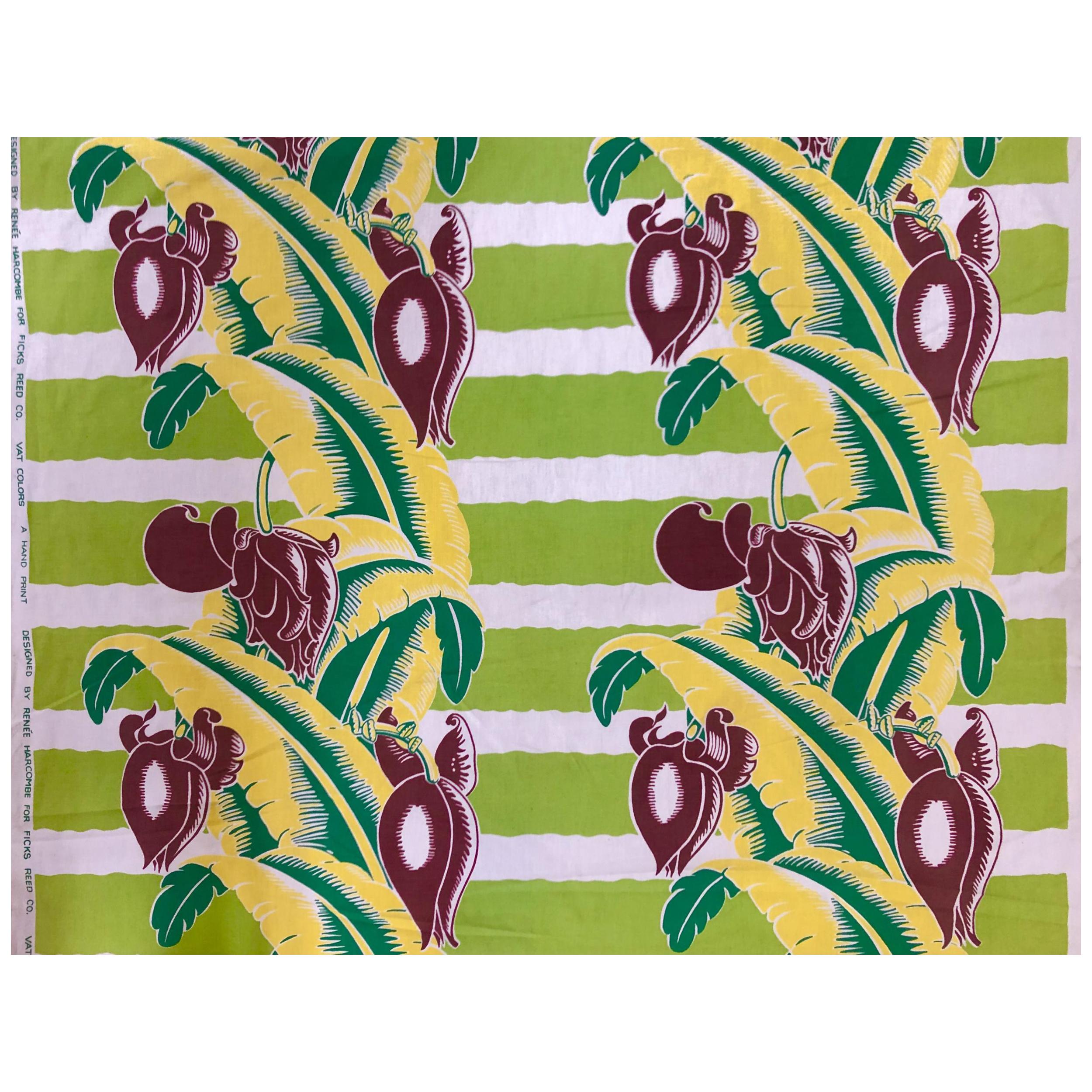 Wavy Green Striped Barkcloth with Tropical Banana Leaf Pattern For Sale