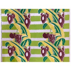 Used Wavy Green Striped Barkcloth with Tropical Banana Leaf Pattern