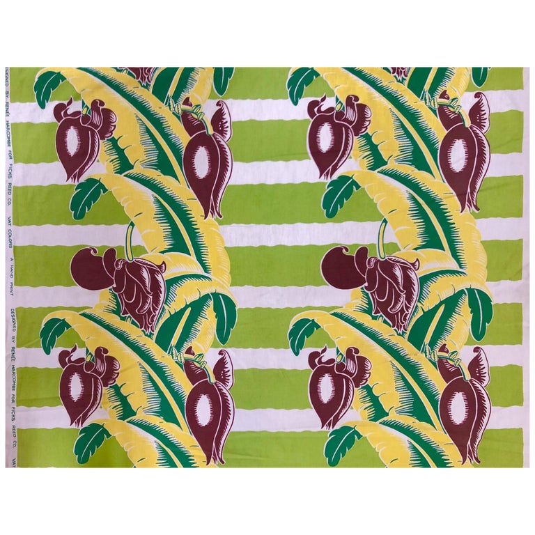 Wavy Green Striped Barkcloth with Tropical Banana Leaf Pattern For Sale
