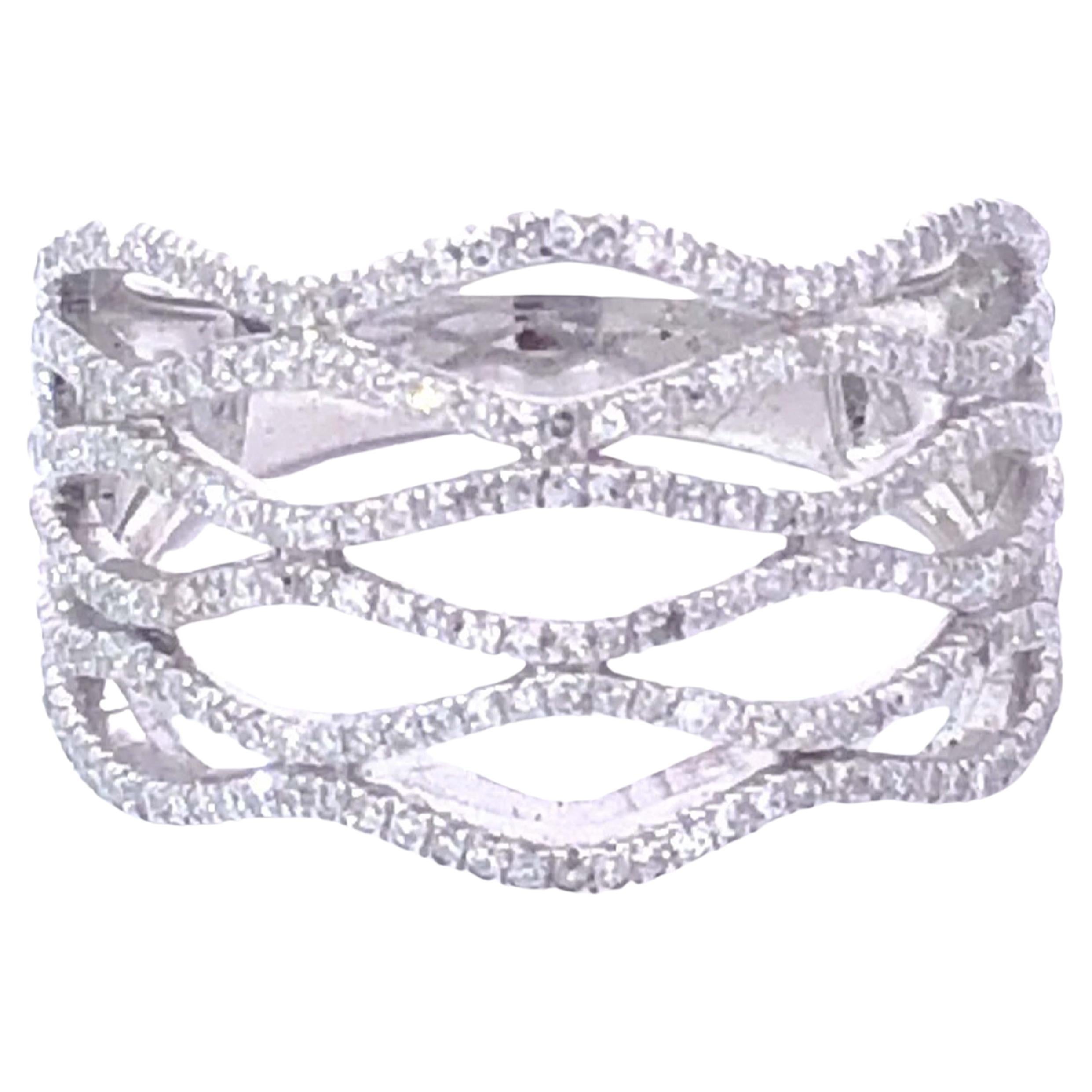 Wavy Multi Row Diamond Ring 14k White Gold For Sale
