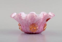 Wavy Murano Bowl in Pink and White Mouth Blown Art Glass with Gold Decoration