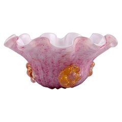 Wavy Murano Bowl in Pink and White Mouth Blown Art Glass with Gold Decoration
