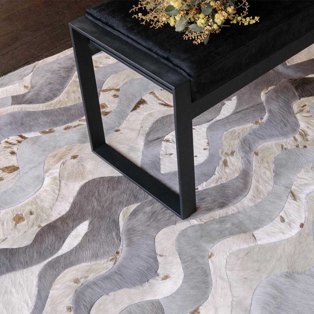 Wavy Pattern Cream Customizable Cowhide Gray Susurro Area Rug Small For Sale 2
