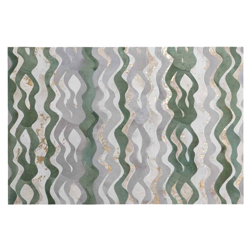 Wavy Pattern Cream Customizable Cowhide Jade Susurro Area Rug Small For Sale