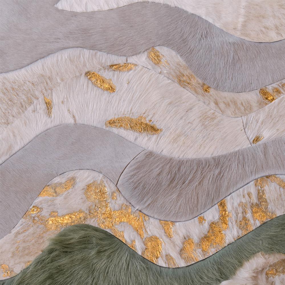 Contemporary Wavy Pattern Cream Customizable Cowhide Jade Susurro Area Rug XLarge For Sale