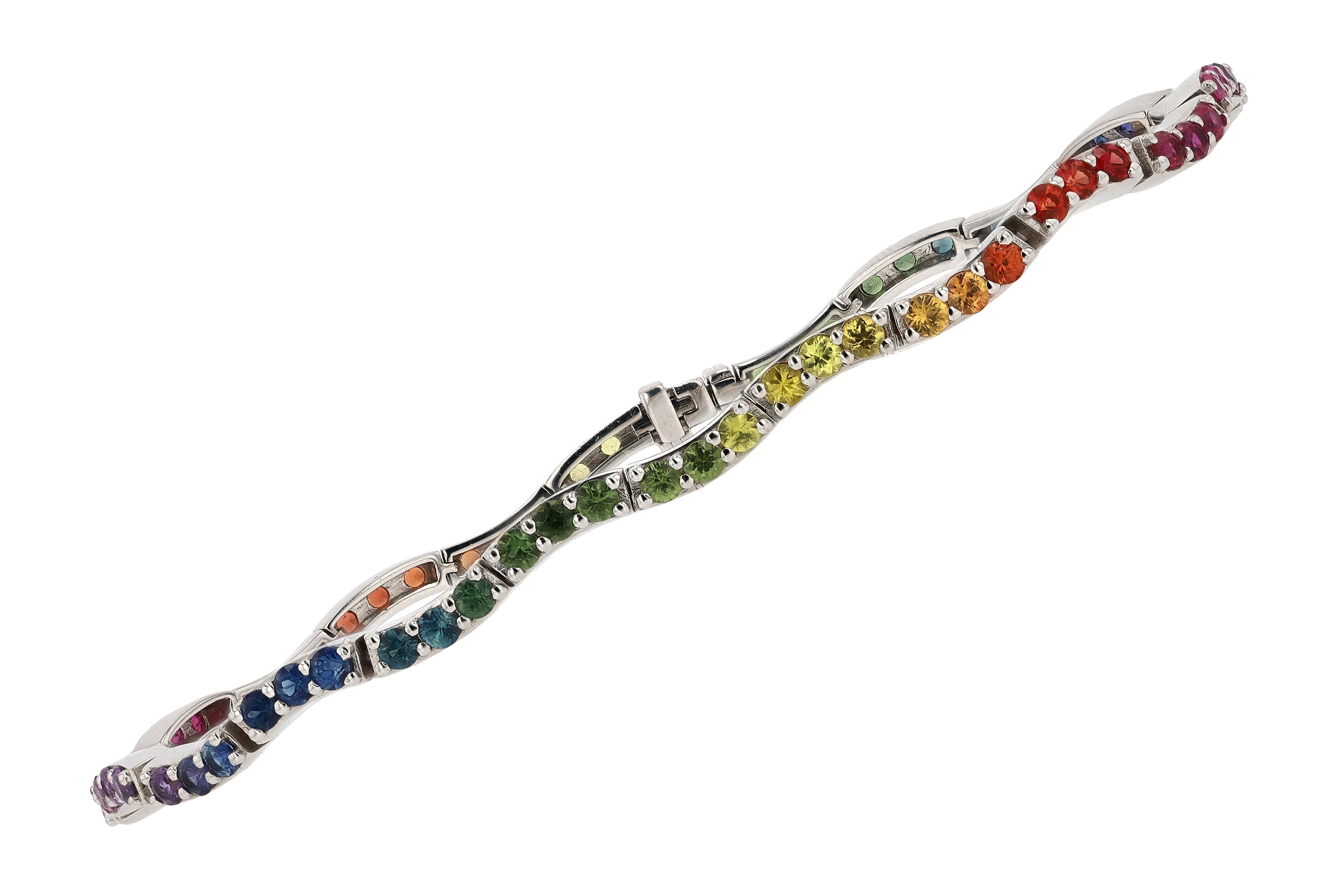 Wavy Rainbow Sapphire Multicolor Tennis Bracelet In New Condition For Sale In Santa Barbara, CA