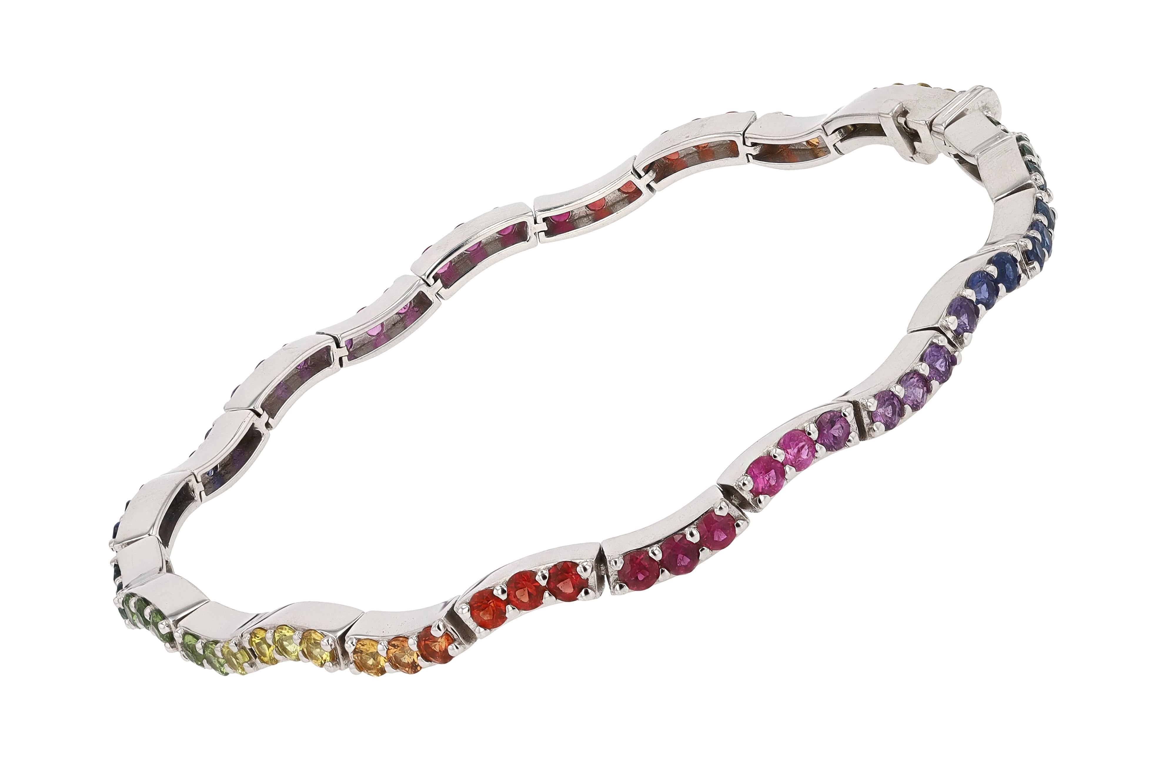 Women's or Men's Wavy Rainbow Sapphire Multicolor Tennis Bracelet For Sale