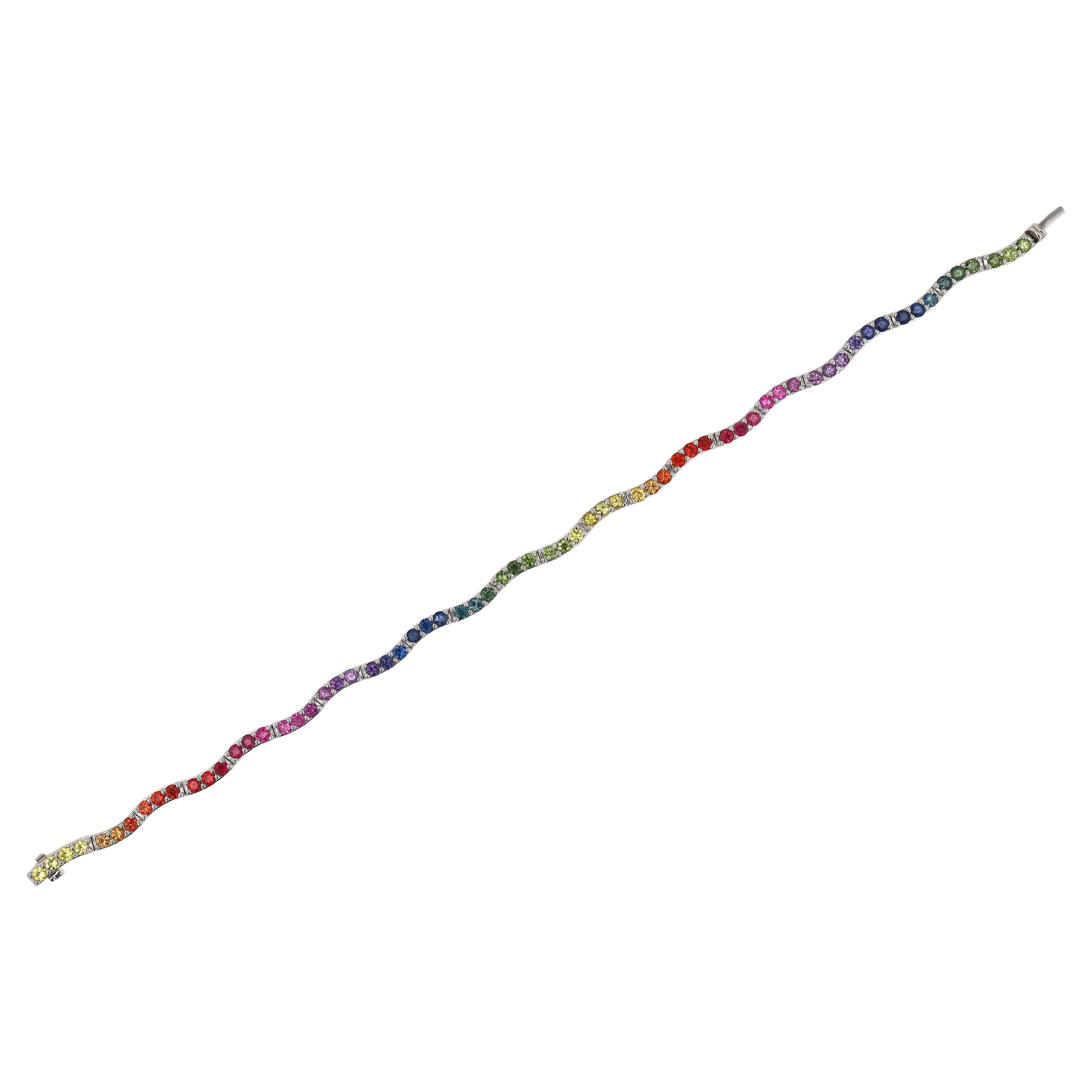 Wavy Rainbow Sapphire Multicolor Tennis Bracelet For Sale
