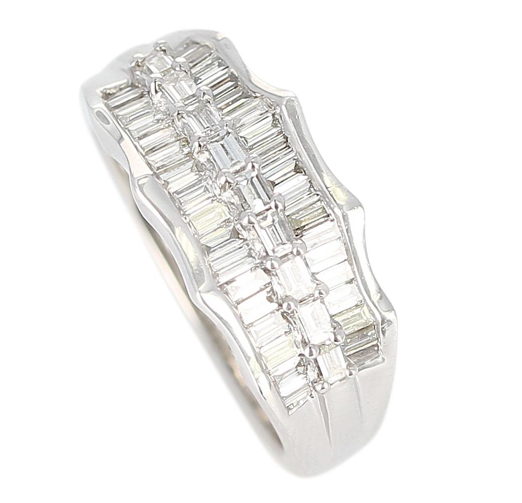 Baguette Cut Wavy Row Platinum 1 Carat Baguette Diamond Bridal Ring For Sale