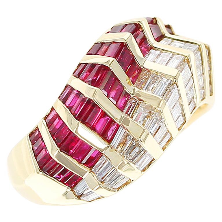 Wavy Ruby and Diamond Baguette Ring, 18 Karat Yellow Gold