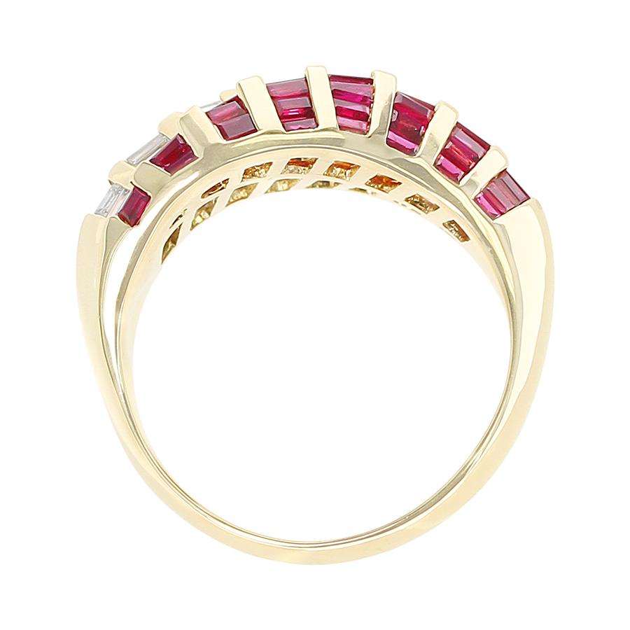 Wavy Ruby and Diamond Baguette Ring, 18 Karat Yellow Gold 1