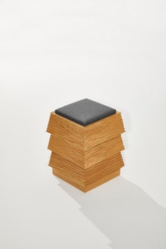 Wavy Texture Pagoda Stool in Oak Wood and Black Cushion by Heilig Objects