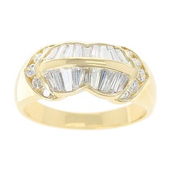 Wavy Two-Row Diamond Baguette Ring with Round Diamonds, 18 Karat Yellow Gold