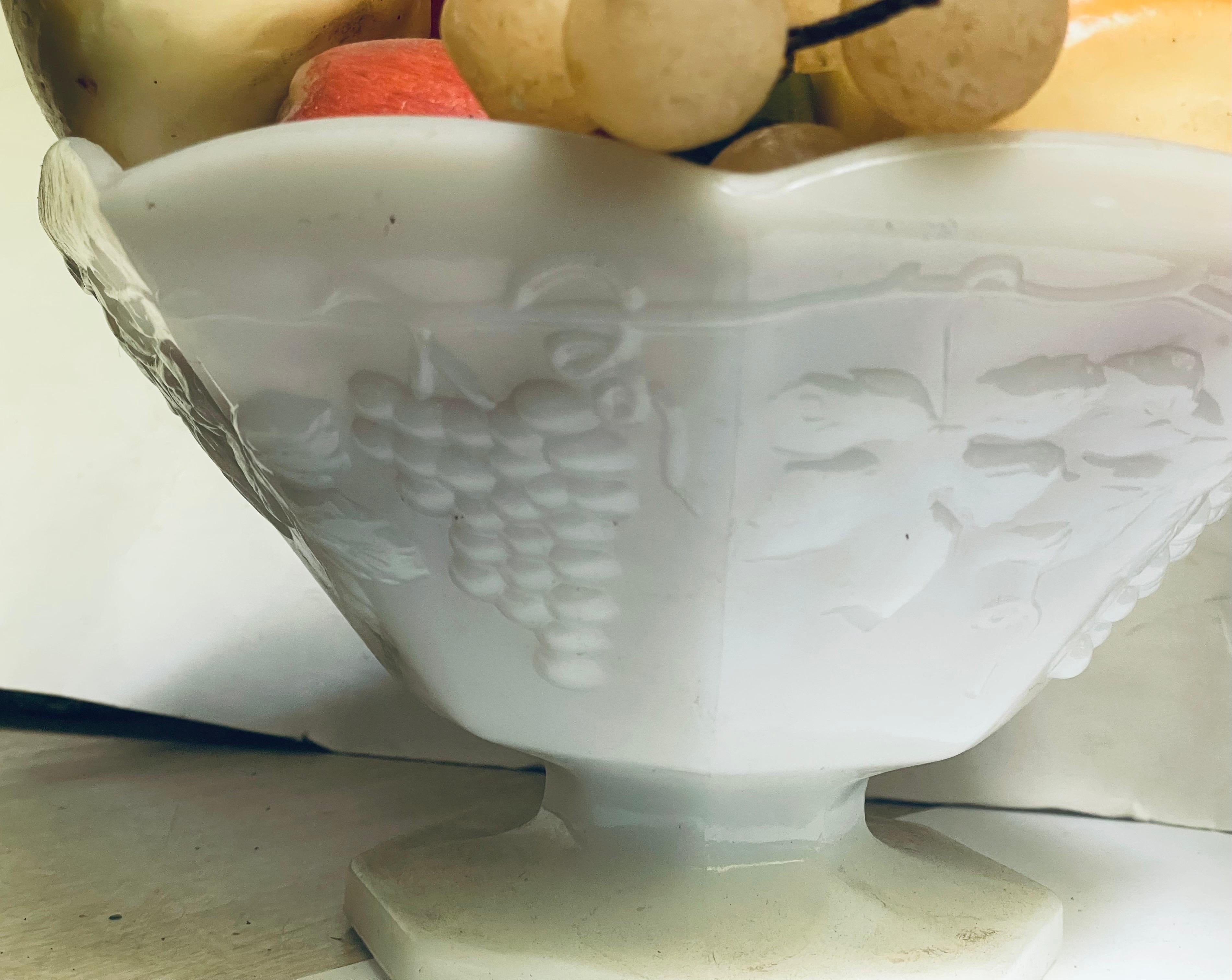 Wax Fruit Grouping in an Anchor Hocking Panel Grape Milk Glass Bowl For Sale 9