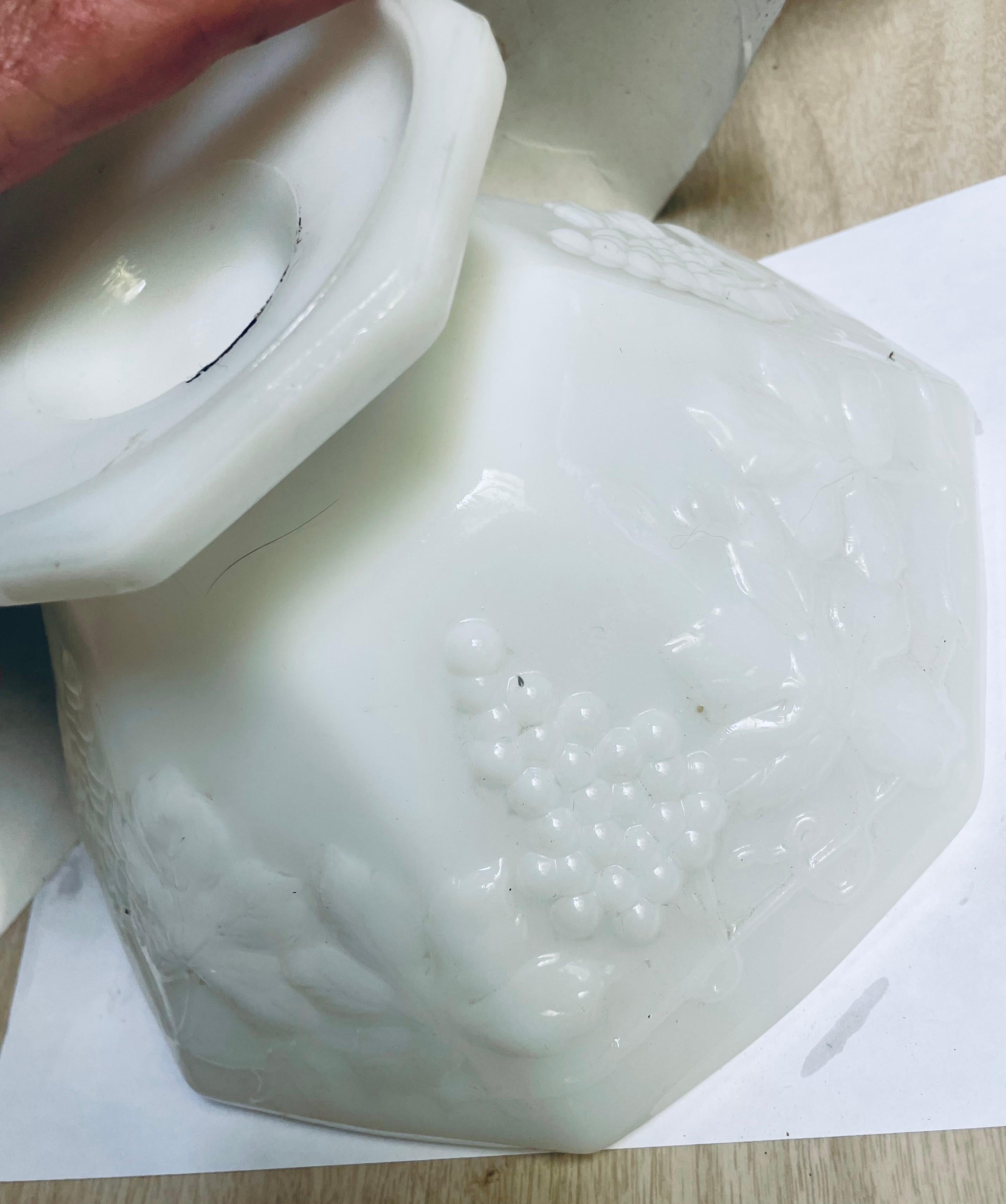 Wax Fruit Grouping in an Anchor Hocking Panel Grape Milk Glass Bowl For Sale 10