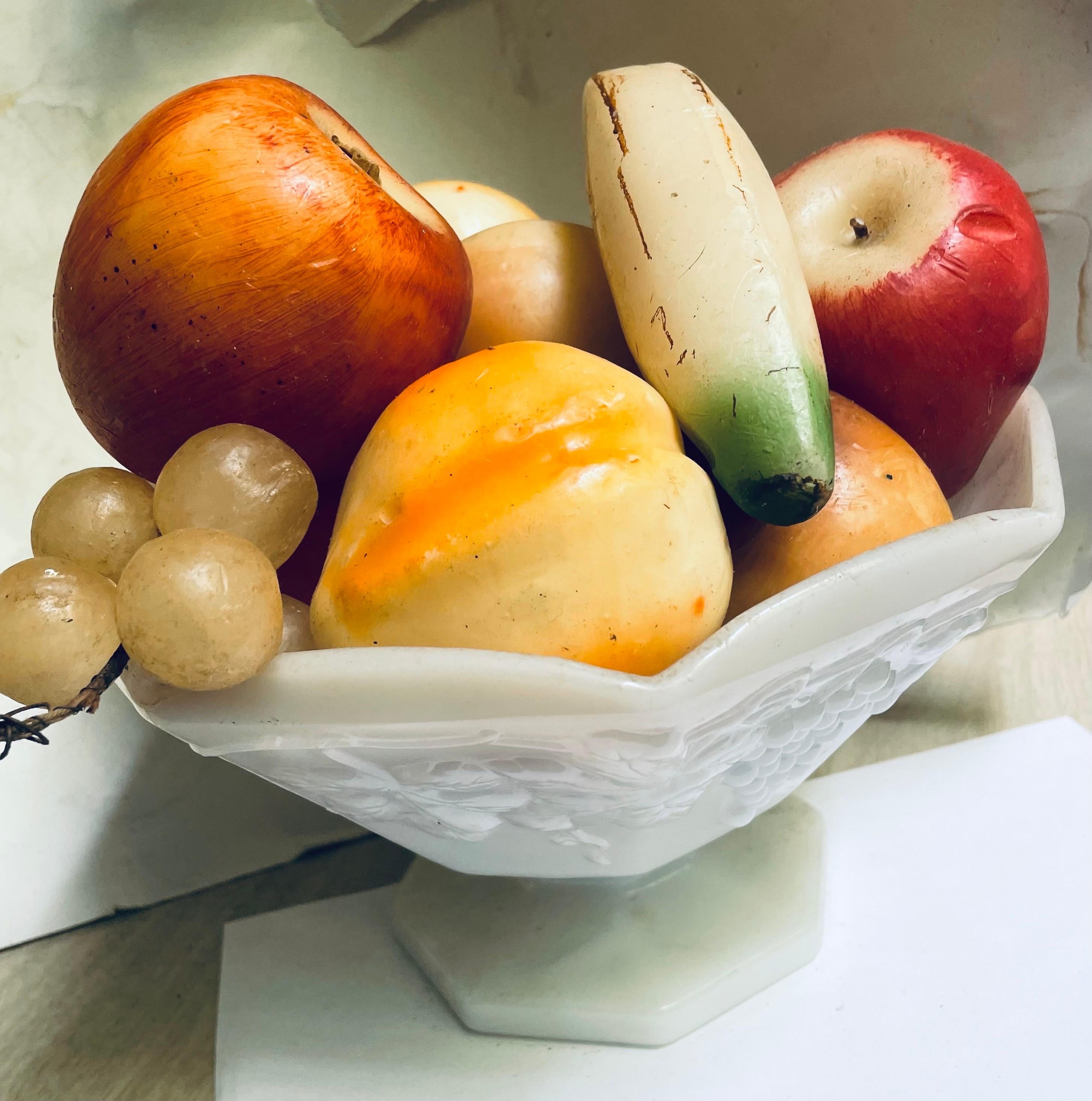 Wax Fruit Grouping in an Anchor Hocking Panel Grape Milk Glass Bowl For Sale 3