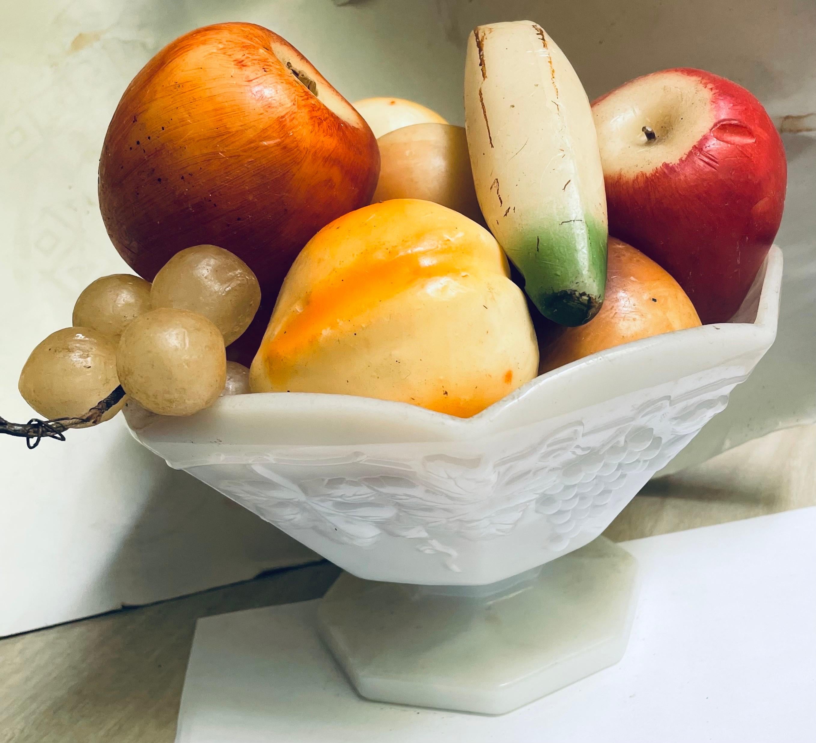 Wax Fruit Grouping in an Anchor Hocking Panel Grape Milk Glass Bowl For Sale 4