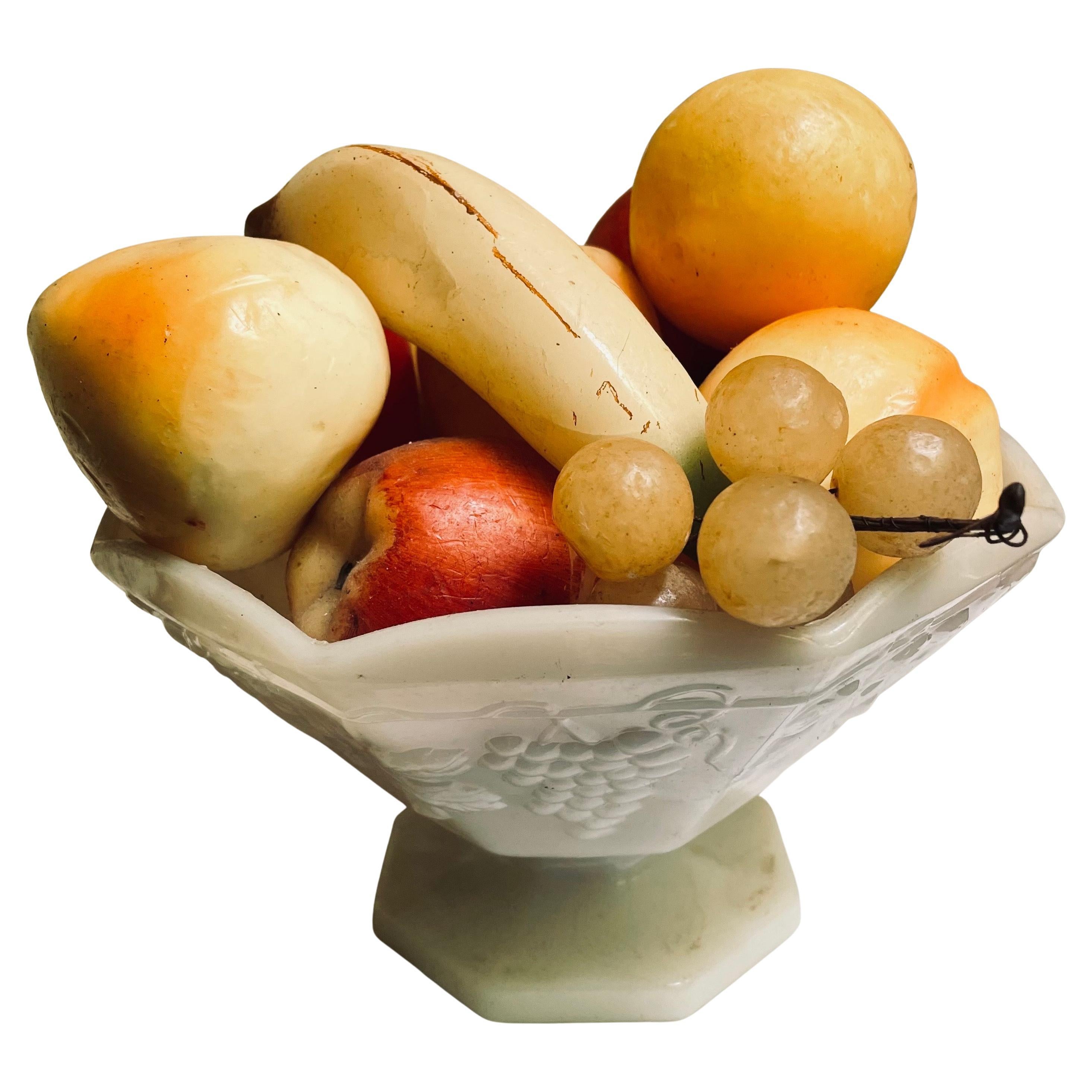 Wax Fruit Grouping in an Anchor Hocking Panel Grape Milk Glass Bowl For Sale
