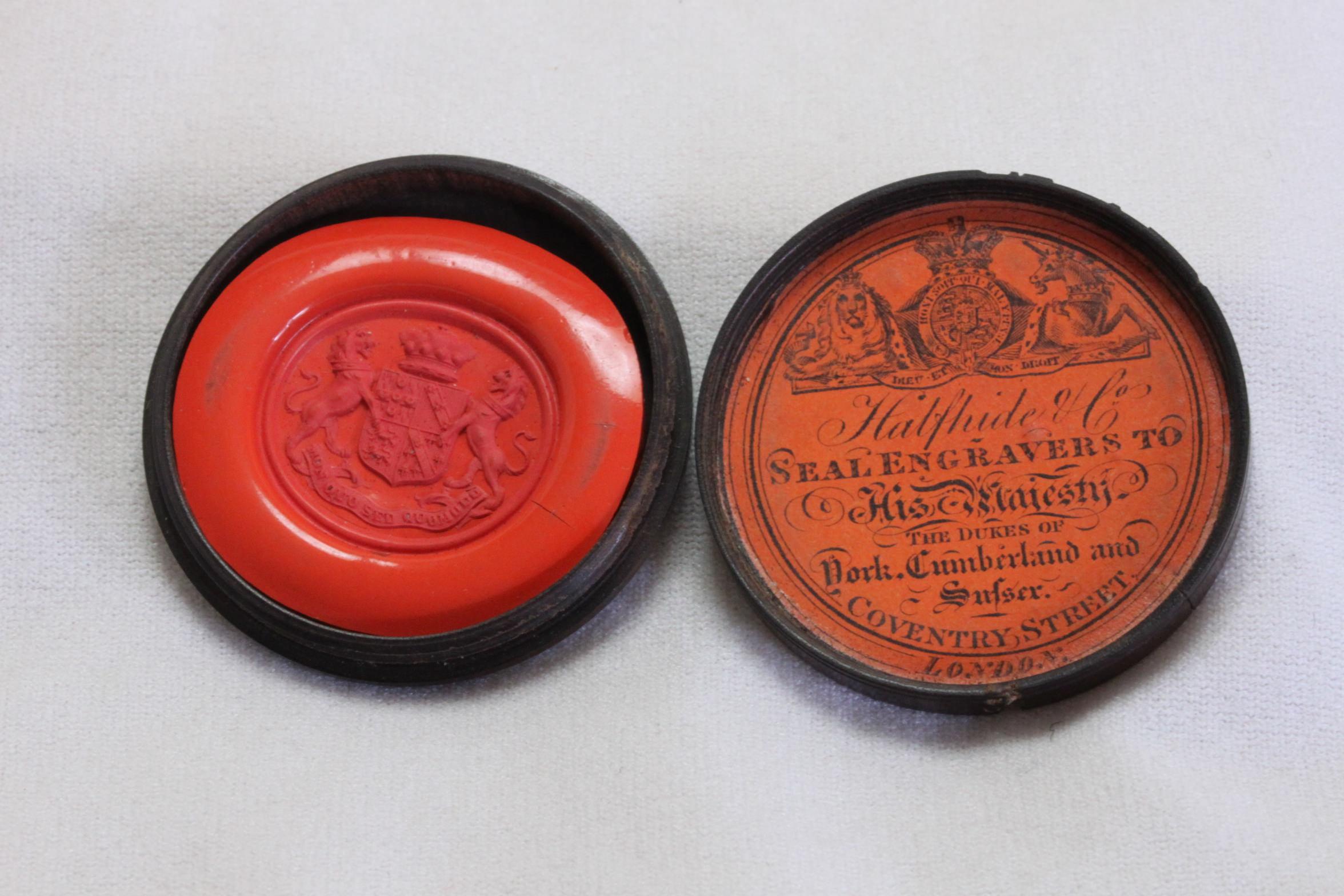 Mid-19th Century Wax Seal Impressions in Turned Lignum Vitae Boxes For Sale