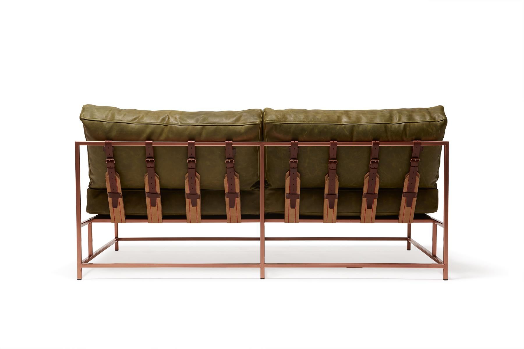 Modern Waxed Moss Green Leather and Antique Copper Loveseat For Sale