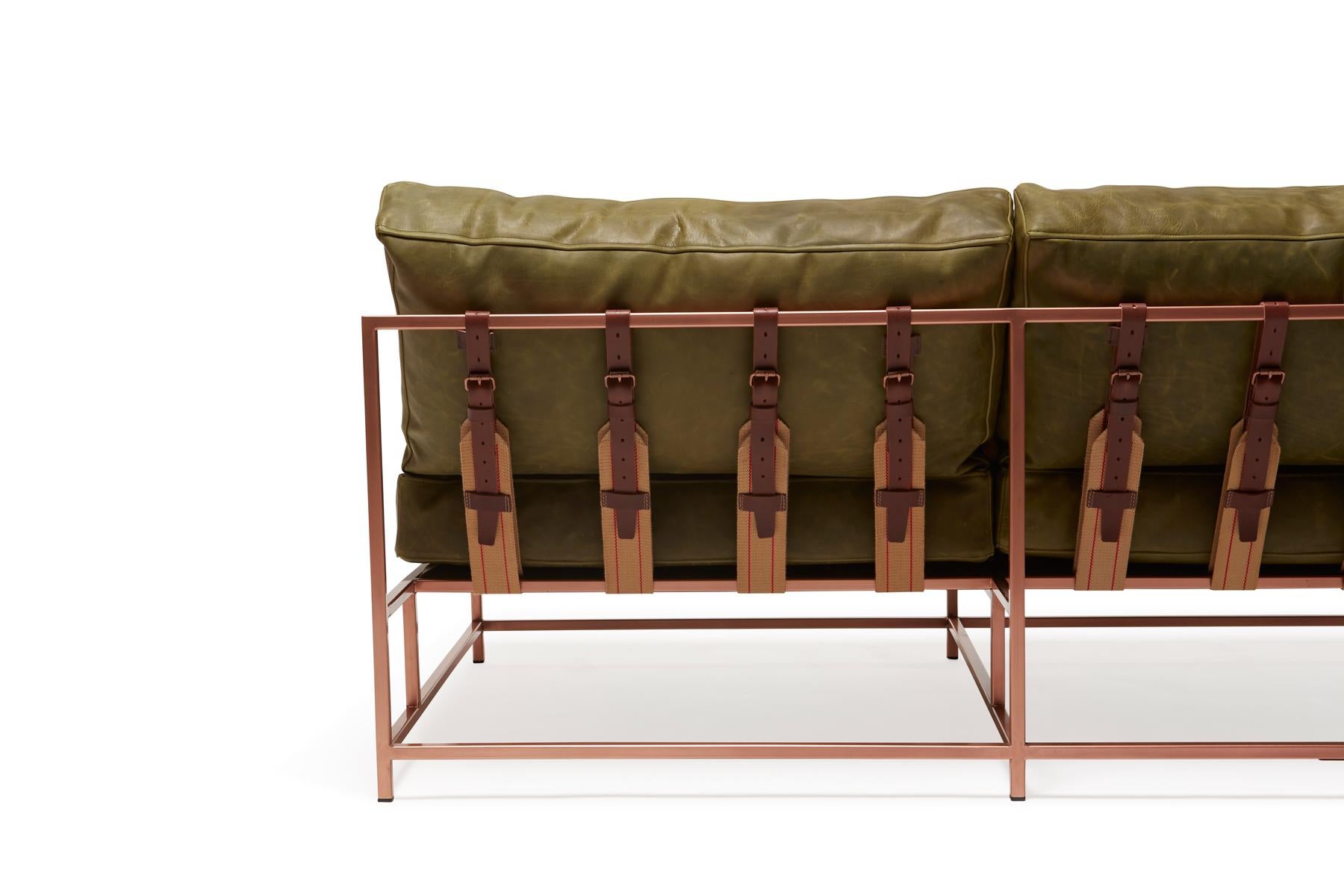 American Waxed Moss Green Leather and Antique Copper Loveseat For Sale