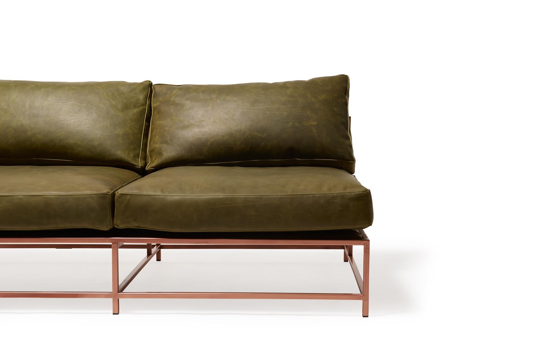 Metalwork Waxed Moss Green Leather and Antique Copper Loveseat For Sale