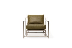 Sillón de cuero verde musgo encerado y níquel antiguo