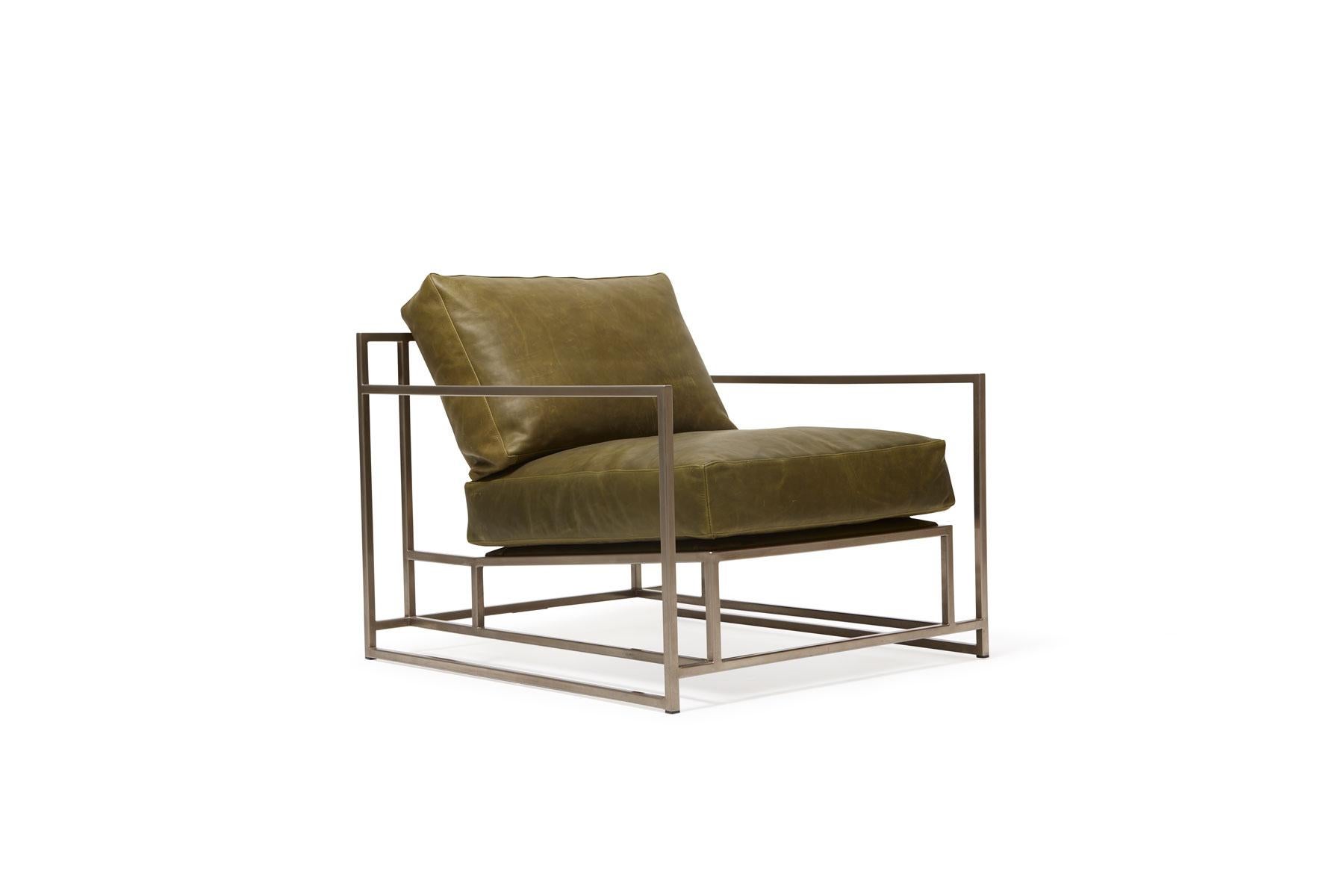 Modern Waxed Moss Green Leather and Antique Nickel Armchair For Sale