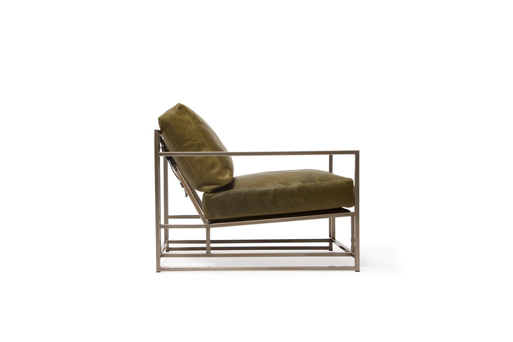 American Waxed Moss Green Leather and Antique Nickel Armchair For Sale