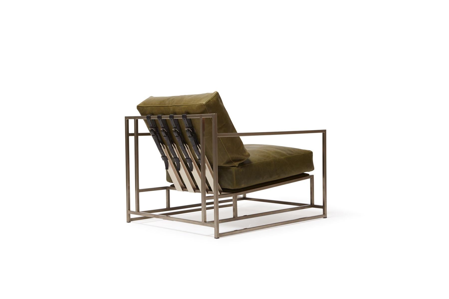 Metalwork Waxed Moss Green Leather and Antique Nickel Armchair For Sale