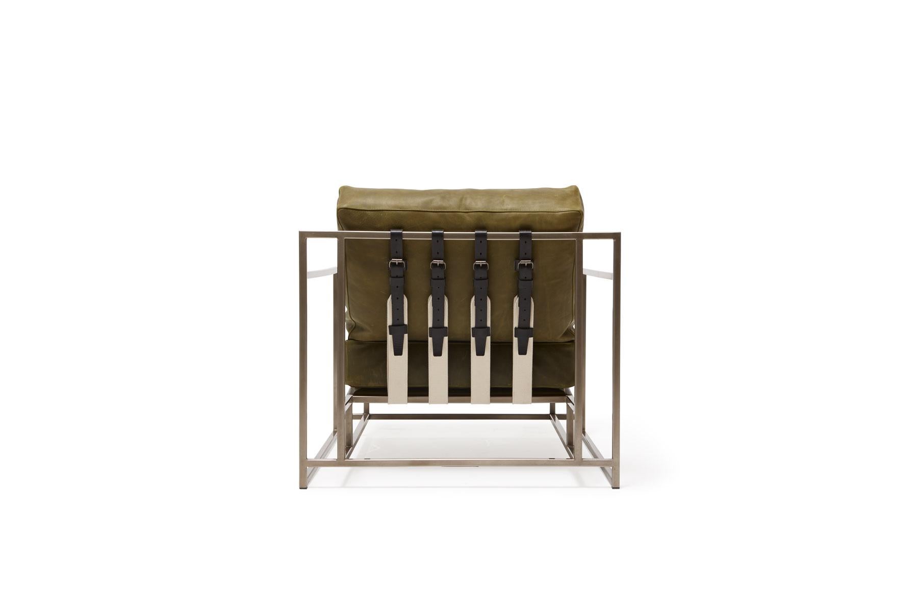 Waxed Moss Green Leather and Antique Nickel Armchair In New Condition For Sale In Los Angeles, CA