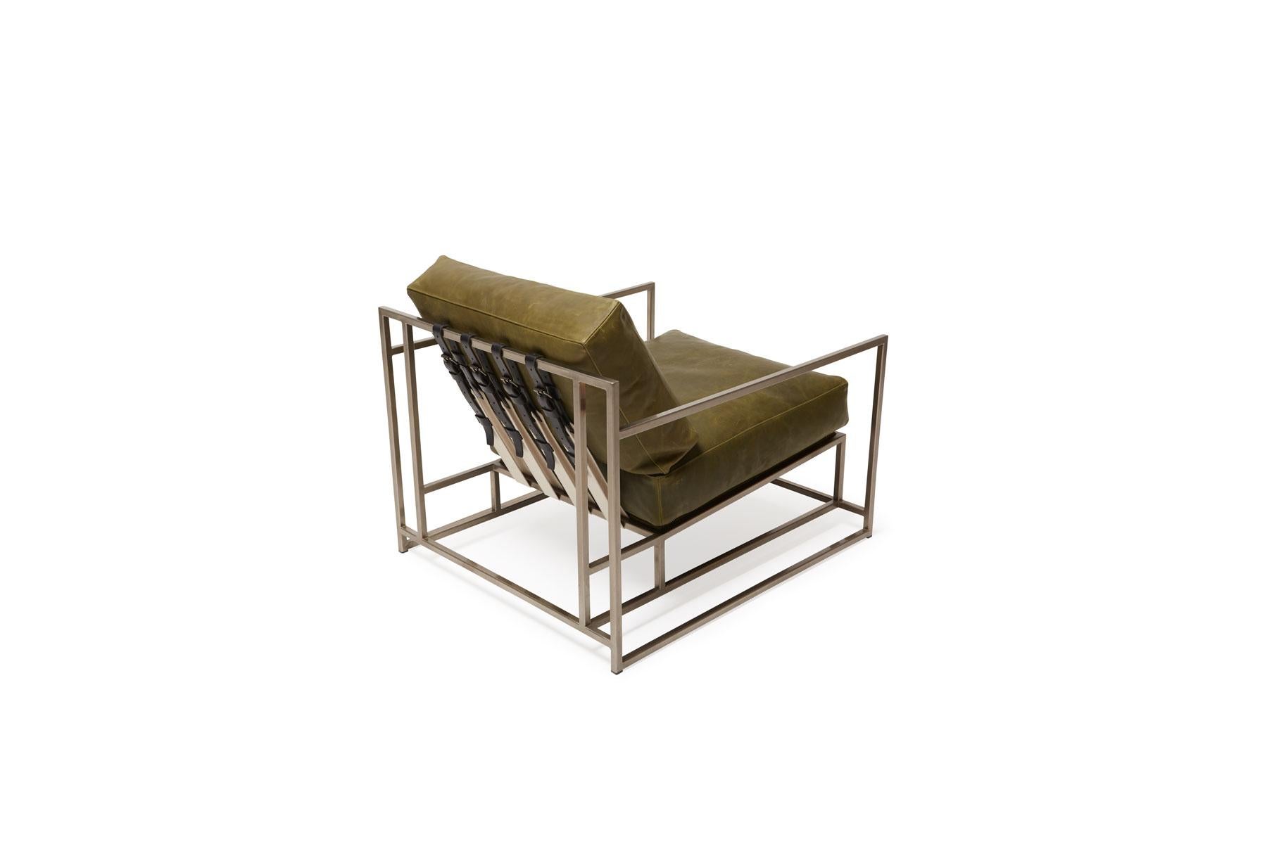 Contemporary Waxed Moss Green Leather and Antique Nickel Armchair For Sale