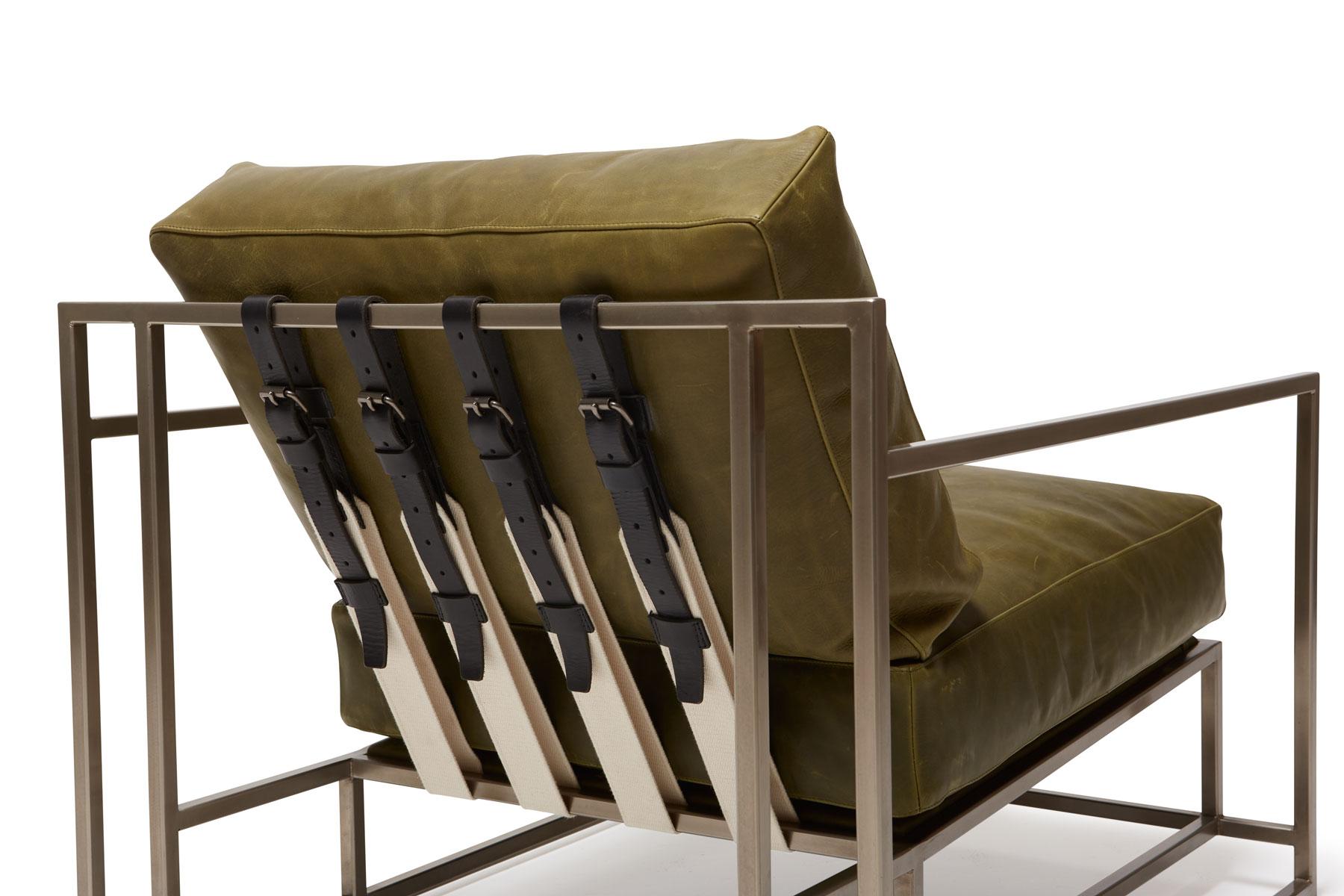 Foam Waxed Moss Green Leather and Antique Nickel Armchair For Sale