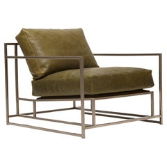 Waxed Moss Green Leather and Antique Nickel Armchair