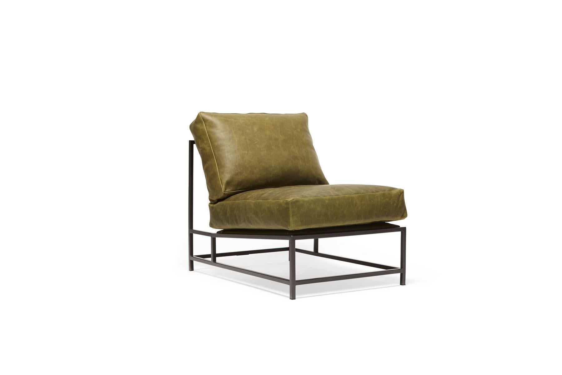 Modern Waxed Moss Green Leather and Blackened Steel Chair For Sale