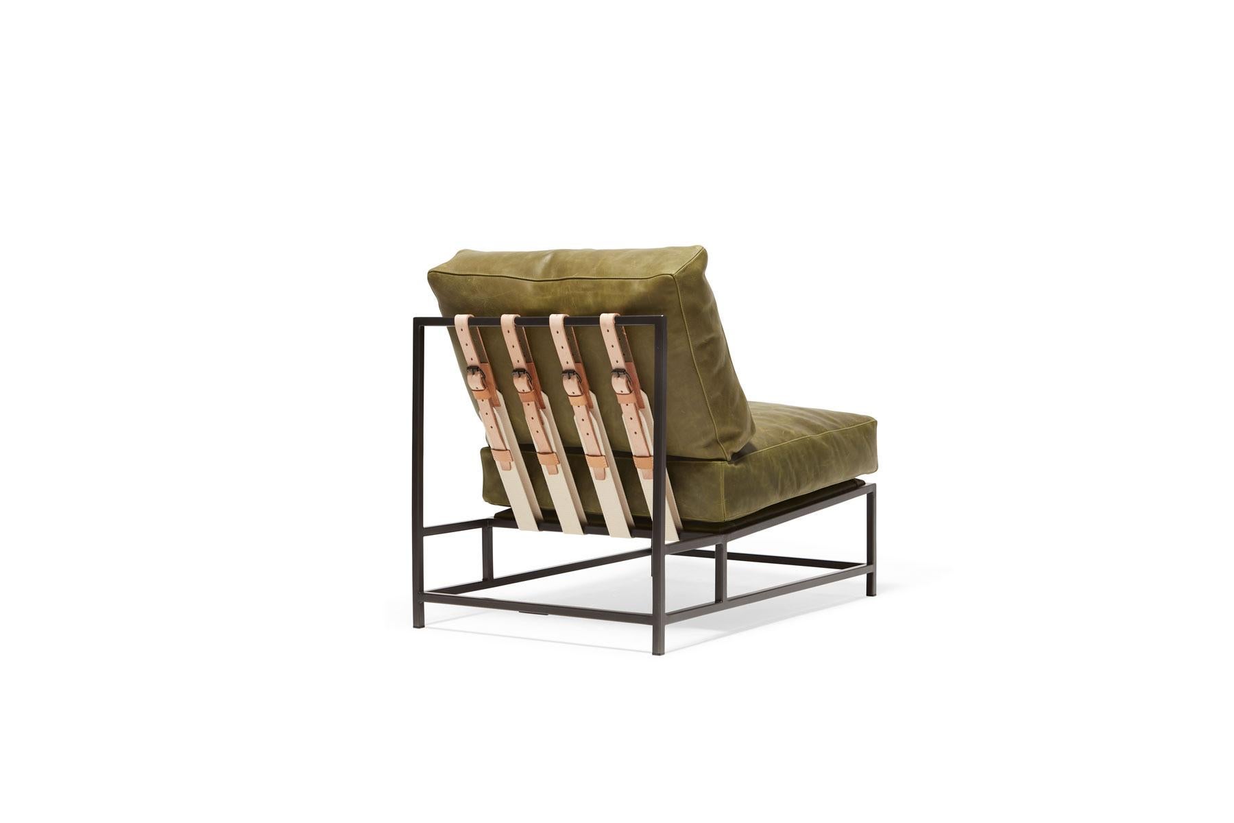 Plated Waxed Moss Green Leather and Blackened Steel Chair For Sale