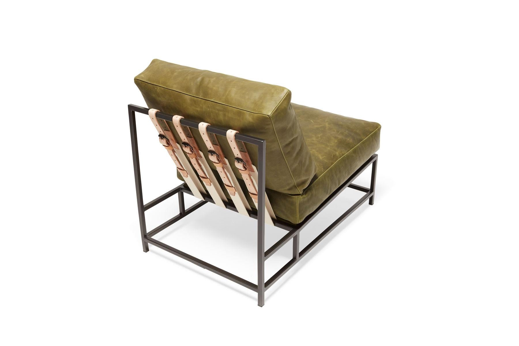 Contemporary Waxed Moss Green Leather and Blackened Steel Chair For Sale