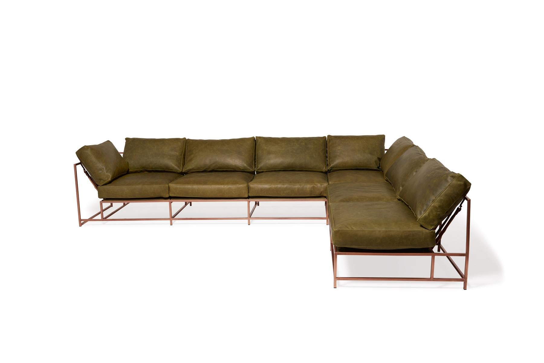 Modern Waxed Moss Green Leather & Antique Copper L Sectional For Sale