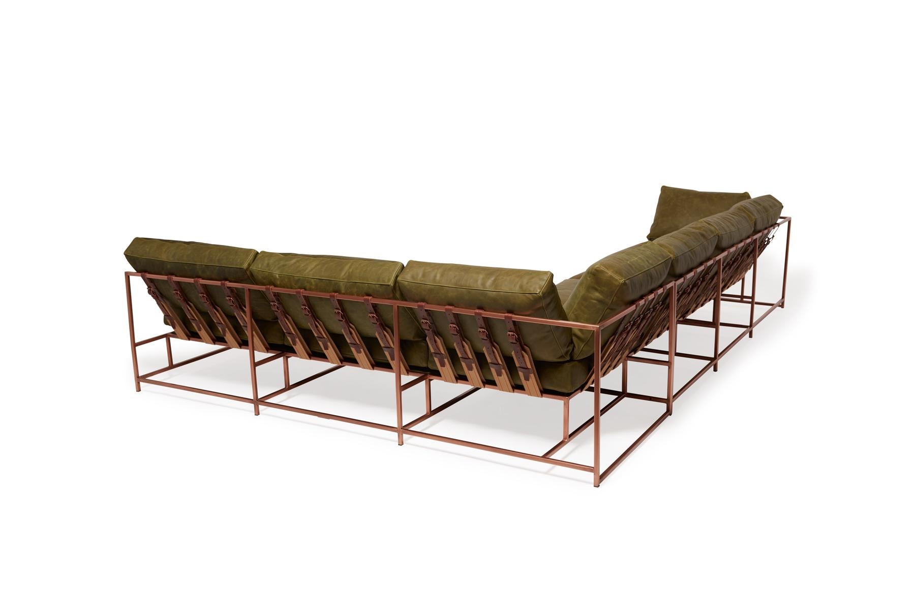 American Waxed Moss Green Leather & Antique Copper L Sectional For Sale