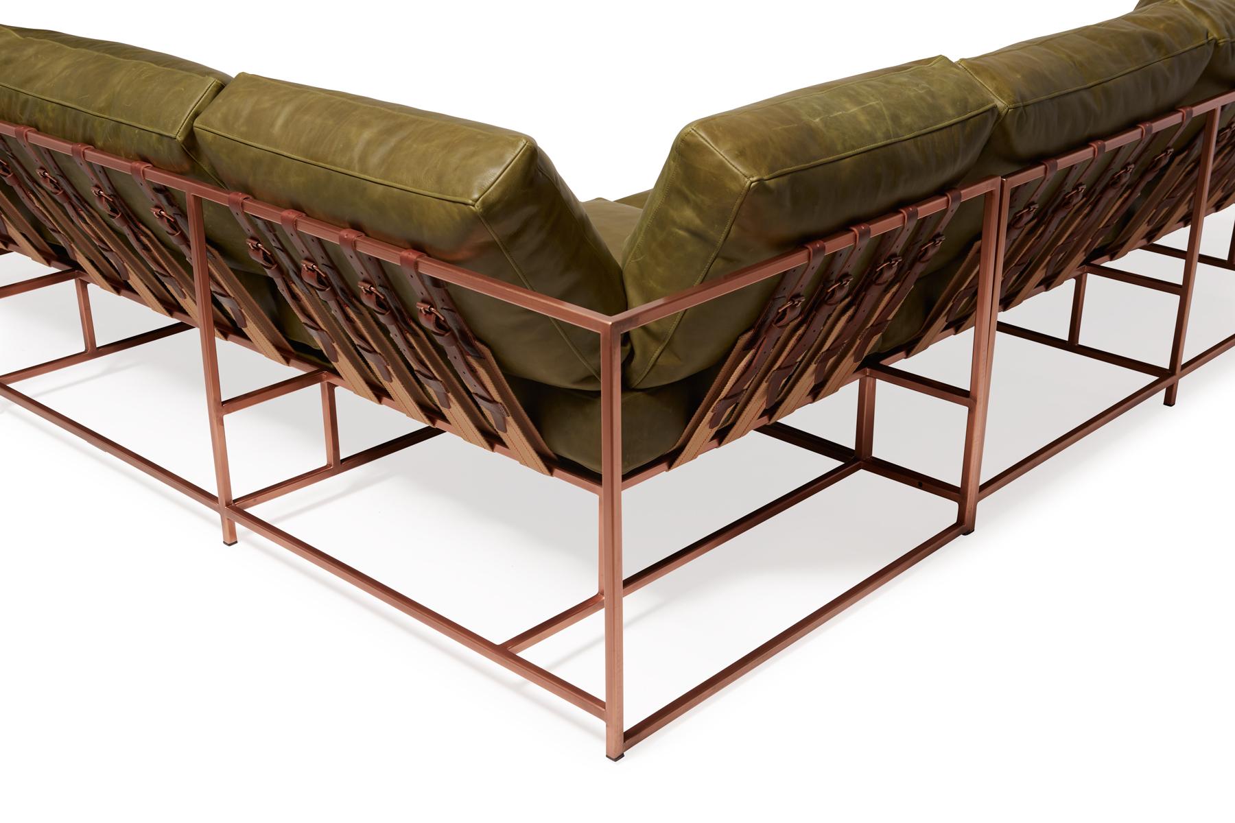 Metalwork Waxed Moss Green Leather & Antique Copper L Sectional For Sale