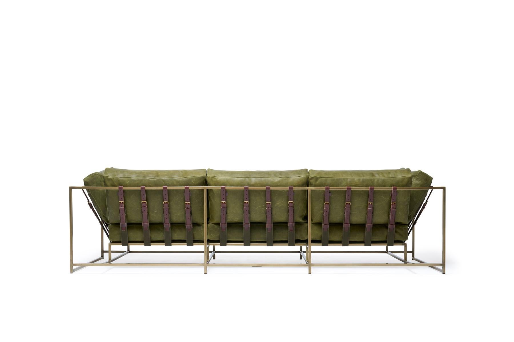 Modern Waxed Moss Leather and Antique Brass Sofa For Sale