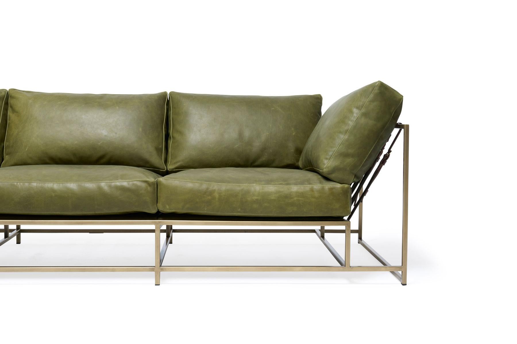 American Waxed Moss Leather and Antique Brass Sofa For Sale