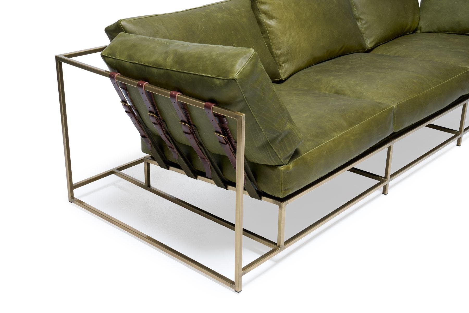Plated Waxed Moss Leather and Antique Brass Sofa For Sale