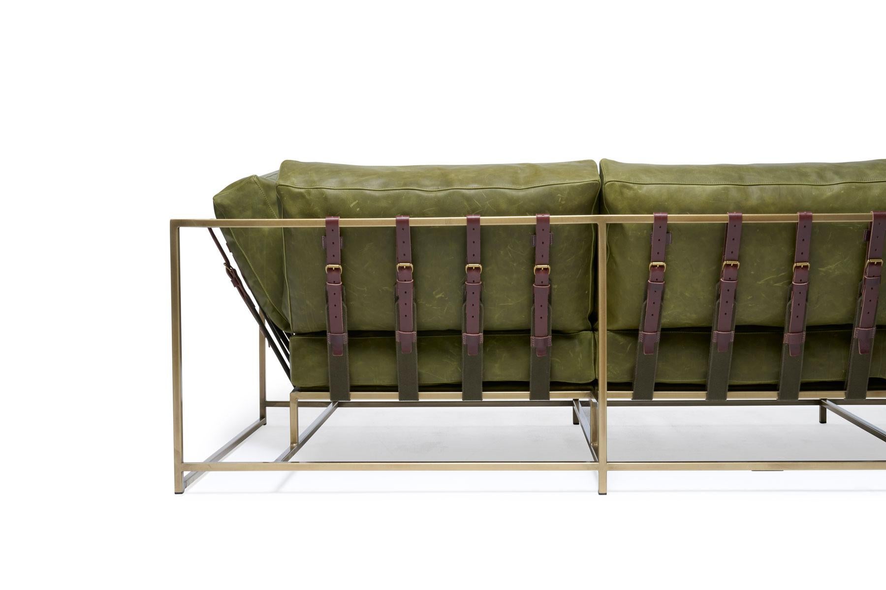 Contemporary Waxed Moss Leather and Antique Brass Sofa For Sale