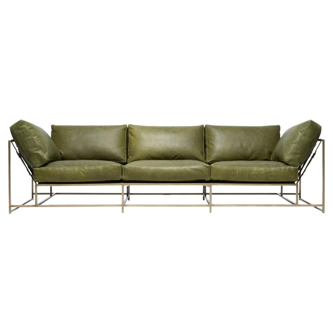 Waxed Moss Leather and Antique Brass Sofa For Sale