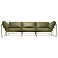 Waxed Moss Leather and Antique Brass Sofa